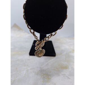 Thick Silver Tone Chain Bangle Bracelet Puffy Heart Pendant Charm Boho Gypsy